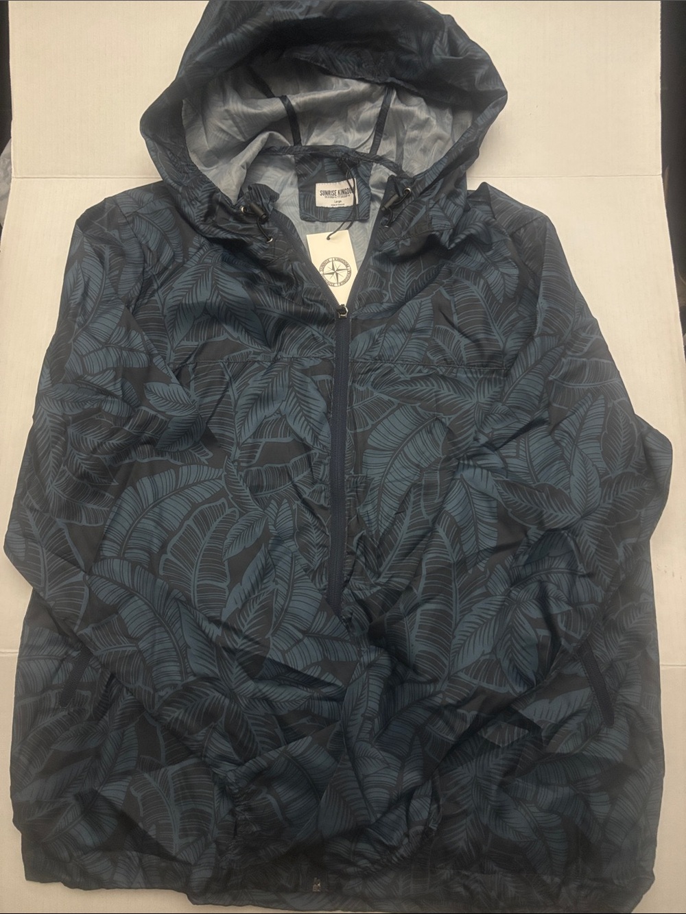 Sunrise Navy Leaf-Print Hooded Windbreaker Jacket